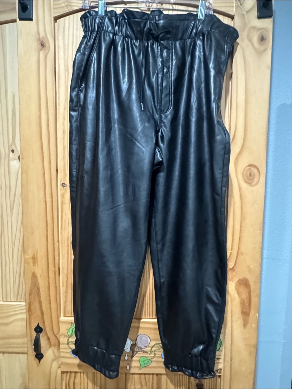 Abercrombie & Fitch Black Faux Leather Joggers with Paperbag Waist